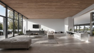 sky,day,indoors,tree,cup,pillow,book,no humans,window,shadow,chair,table,sunlight,plant,curtains,scenery,couch,plate,wooden floor,potted plant,television,carpet,rug,cloud,blue sky,bed,lamp,shelf,ceiling light,cabinet