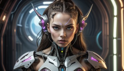 HQ,1girl,solo,long hair,looking at viewer,brown hair,closed mouth,green eyes,upper body,armor,blurry,lips,makeup,blurry background,headgear,facial mark,portrait,forehead,science fiction,realistic,nose,android,cyborg,hair pulled back,cyberpunk,blue eyes,parted lips,bodysuit,expressionless,close-up,freckles,serious