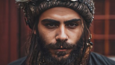 solo,looking at viewer,brown hair,black hair,hair ornament,1boy,brown eyes,jewelry,closed mouth,male focus,blurry,depth of field,blurry background,facial hair,thick eyebrows,curtains,portrait,beard,close-up,realistic,mustache,hat,mole,lips,freckles,manly