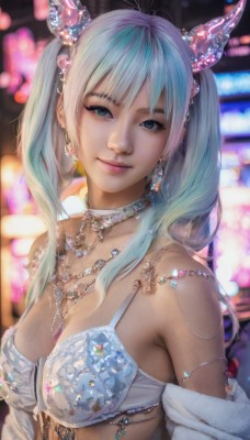 1girl,solo,long hair,breasts,looking at viewer,smile,bangs,blue eyes,cleavage,bare shoulders,twintails,jewelry,medium breasts,closed mouth,underwear,blue hair,swimsuit,upper body,bikini,multicolored hair,earrings,horns,choker,necklace,bra,blurry,lips,eyelashes,aqua hair,blurry background,gem,realistic,hair ornament,collarbone,gradient hair,piercing