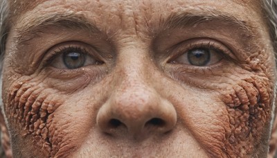 solo,looking at viewer,blue eyes,1boy,male focus,blurry,eyelashes,portrait,close-up,reflection,realistic,old,eye focus,freckles,scales