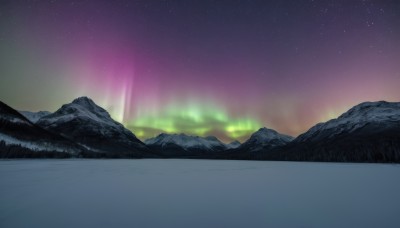 outdoors,sky,water,blurry,tree,no humans,night,star (sky),nature,night sky,scenery,snow,starry sky,reflection,mountain,river,landscape,mountainous horizon,lake,aurora