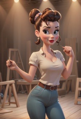 1girl,solo,breasts,looking at viewer,blush,smile,short hair,brown hair,shirt,cleavage,brown eyes,jewelry,medium breasts,standing,collarbone,white shirt,short sleeves,cowboy shot,earrings,parted lips,teeth,belt,pants,artist name,indoors,hair bun,blurry,lips,looking to the side,hands up,makeup,blurry background,chair,single hair bun,denim,lipstick,pointing,buckle,jeans,belt buckle,blue pants,red lips,brown belt,hair pulled back,v-neck,pointing at self,table,casual,contrapposto,nose