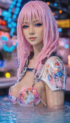 1girl,solo,long hair,breasts,looking at viewer,blue eyes,cleavage,jewelry,medium breasts,closed mouth,swimsuit,upper body,pink hair,bikini,water,necklace,armor,blurry,lips,wet,blurry background,chain,shoulder armor,partially submerged,realistic,pink bikini,pool,chain necklace,bangs,large breasts,outdoors,artist name,from side,eyelashes,tattoo,makeup,depth of field,pauldrons,pink lips,nose,wet hair,bikini armor,shoulder pads,bokeh,mascara