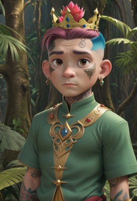 solo,looking at viewer,short hair,shirt,1boy,brown eyes,jewelry,closed mouth,blue hair,upper body,pink hair,flower,short sleeves,male focus,multicolored hair,earrings,outdoors,two-tone hair,tree,tattoo,leaf,facial mark,crown,plant,gem,child,nature,forest,green shirt,male child,undercut,facial tattoo,hair slicked back,eyebrow cut,artist name,aged down,arm tattoo,mohawk