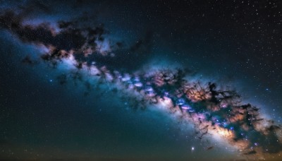 outdoors,sky,cloud,tree,no humans,night,cherry blossoms,star (sky),night sky,scenery,starry sky,reflection,dark,galaxy,milky way,star (symbol),nature,branch