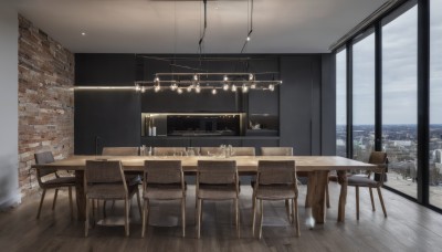 sky,cloud,indoors,cup,no humans,window,ocean,chair,table,cloudy sky,curtains,building,scenery,plate,drinking glass,wooden floor,city,lamp,cityscape,wall,stool,restaurant,ceiling light,chandelier,wooden table,fireplace,wooden chair,day,night,plant,brick wall,shelf