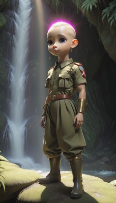 solo,1boy,jewelry,standing,full body,male focus,earrings,boots,belt,water,uniform,military,military uniform,halo,facial mark,nature,pocket,male child,bald,waterfall,looking at viewer,blue eyes,black eyes,glowing,child,rock,realistic,medal