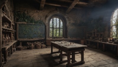 day,indoors,tree,cup,book,no humans,window,chair,table,sunlight,plant,scenery,wooden floor,candle,ruins,stool,shelf,barrel,candlestand,wooden chair,light rays,fantasy,potted plant