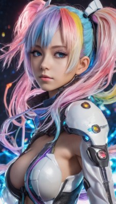 1girl,solo,long hair,breasts,looking at viewer,bangs,blue eyes,blonde hair,hair ornament,cleavage,twintails,medium breasts,closed mouth,blue hair,upper body,pink hair,multicolored hair,artist name,two-tone hair,lips,eyelashes,bodysuit,sideboob,makeup,realistic,nose,center opening,armpits,armor,from side,clothing cutout,expressionless,lipstick,eyeshadow,personification,science fiction,pink lips,mascara,rainbow hair