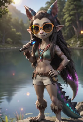 1girl,solo,long hair,breasts,looking at viewer,smile,brown hair,black hair,navel,holding,animal ears,brown eyes,jewelry,very long hair,standing,tail,full body,weapon,earrings,small breasts,outdoors,horns,shorts,barefoot,teeth,day,pointy ears,midriff,belt,artist name,water,necklace,grin,blurry,black eyes,bracelet,tree,hand on hip,short shorts,blurry background,colored skin,sunglasses,knife,monster girl,nature,claws,furry,forehead,pouch,dragon girl,round eyewear,furry female,tinted eyewear,grey skin,river,fewer digits,hooves,digitigrade,aviator sunglasses,open mouth,bare shoulders,collarbone,sidelocks,parted lips,hand up,stomach,holding weapon,tattoo,depth of field,fangs,abs,sunlight,thick eyebrows,grass,sharp teeth,armlet,forest,backlighting,reflection,toned,white shorts,sharp fingernails,sun,scales,petite,arm tattoo,over shoulder,dappled sunlight,weapon over shoulder,lake,pond,shin guards,lizard tail,tooth necklace