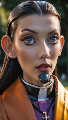 1girl,solo,long hair,looking at viewer,blue eyes,brown hair,black hair,jewelry,jacket,upper body,earrings,parted lips,teeth,necklace,blurry,lips,grey eyes,eyelashes,makeup,blurry background,lipstick,portrait,forehead,realistic,nose,red lips,depth of field,sunlight,cross,purple shirt,cross necklace