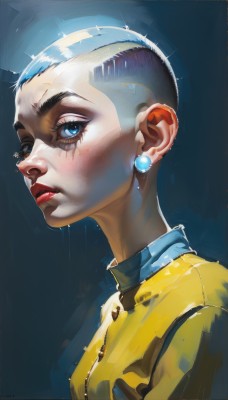 1girl,solo,looking at viewer,short hair,blue eyes,simple background,shirt,black hair,jewelry,closed mouth,blue hair,upper body,earrings,from side,lips,eyelashes,makeup,blue background,scar,piercing,lipstick,portrait,realistic,nose,red lips,very short hair,undercut,blush,wet,sparkle,eyeshadow,rain,cyborg,mascara,mohawk,cyberpunk