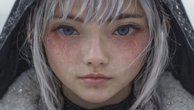 1girl,solo,looking at viewer,blush,bangs,simple background,closed mouth,white hair,grey hair,hood,black eyes,lips,grey eyes,fur trim,eyelashes,portrait,snow,close-up,hood up,snowing,realistic,nose,white background,grey background,expressionless,straight-on