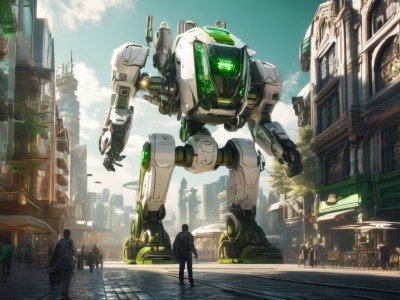 outdoors,multiple boys,sky,solo focus,day,cloud,bag,blue sky,glowing,backpack,robot,ground vehicle,building,mecha,motor vehicle,walking,science fiction,6+boys,city,realistic,car,road,multiple others,street,people,multiple girls,tree,scenery,lamppost,crowd