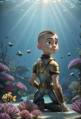 solo,blush,short hair,brown hair,1boy,brown eyes,full body,male focus,from behind,armor,kneeling,bodysuit,sunlight,child,fish,light rays,underwater,male child,very short hair,starfish,turtle,coral,buzz cut,flower,boots,water,ocean,bug,realistic,shoulder pads