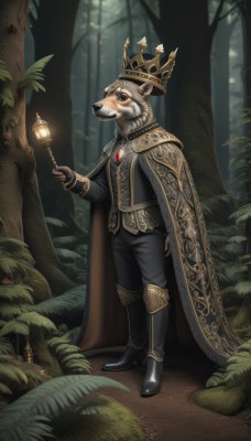 solo,long sleeves,1boy,holding,jewelry,standing,full body,male focus,boots,outdoors,pants,signature,cape,black footwear,black eyes,tree,animal,black pants,bug,crown,brooch,gem,nature,furry,forest,lantern,furry male,mushroom,gloves,artist name,vest,leaf,plant,fantasy