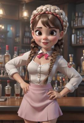 1girl,solo,long hair,breasts,looking at viewer,blush,smile,bangs,skirt,brown hair,shirt,long sleeves,bow,ribbon,cleavage,brown eyes,medium breasts,standing,white shirt,braid,cowboy shot,small breasts,parted lips,teeth,collared shirt,indoors,grin,blurry,twin braids,lips,see-through,neck ribbon,depth of field,blurry background,thick eyebrows,bottle,hair over shoulder,alcohol,pink skirt,freckles,pink ribbon,hands on hips,nose,bar (place),see-through shirt,open mouth,jewelry,earrings,nail polish,detached collar,crown braid