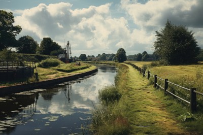 outdoors,sky,day,cloud,water,tree,blue sky,no humans,cloudy sky,grass,nature,scenery,forest,reflection,fence,bridge,river,landscape