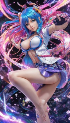 1girl,solo,long hair,breasts,looking at viewer,smile,bangs,blue eyes,skirt,large breasts,hair ornament,gloves,navel,cleavage,jewelry,medium breasts,closed mouth,underwear,blue hair,jacket,pink hair,ass,ahoge,short sleeves,thighs,multicolored hair,pleated skirt,open clothes,barefoot,choker,black gloves,hairclip,belt,miniskirt,fingerless gloves,nail polish,bra,feet,open jacket,lips,fingernails,legs,petals,bare legs,gradient hair,toes,soles,leg up,purple skirt,realistic,nose,standing,panties,chinese clothes,standing on one leg,cherry blossoms