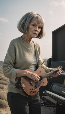 1girl,solo,short hair,bangs,shirt,long sleeves,white background,holding,jewelry,closed mouth,standing,white hair,grey hair,cowboy shot,outdoors,pants,necklace,black eyes,sweater,lips,black pants,instrument,realistic,nose,music,guitar,old,playing instrument,holding instrument,grey sweater,electric guitar,old woman,ring,old man,wrinkled skin,amplifier