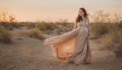 1girl,solo,long hair,brown hair,black hair,long sleeves,dress,full body,outdoors,barefoot,white dress,tree,lips,grass,nature,realistic,long dress,hair ornament,brown eyes,standing,sky,scenery,skirt hold