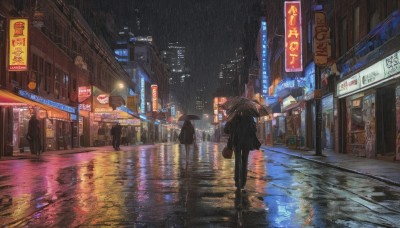 1girl,long sleeves,1boy,holding,standing,jacket,outdoors,multiple boys,sky,solo focus,pants,hood,from behind,black footwear,coat,black jacket,night,umbrella,black pants,ground vehicle,building,night sky,scenery,motor vehicle,reflection,walking,rain,holding umbrella,city,sign,facing away,car,road,cityscape,multiple others,lamppost,street,crowd,puddle,city lights,neon lights,people,long hair,multiple girls,black hair,2girls,bag,english text,water drop,handbag,silhouette,dark,skyscraper,ambiguous gender,shop,pavement,crosswalk,vanishing point,sidewalk,black umbrella,storefront