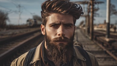 solo,looking at viewer,short hair,brown hair,shirt,1boy,brown eyes,closed mouth,upper body,male focus,outdoors,day,collared shirt,bag,blurry,blurry background,facial hair,thick eyebrows,backpack,portrait,beard,realistic,manly,photo background,railroad tracks,sky,depth of field,scar,ground vehicle,scar on face,mature male