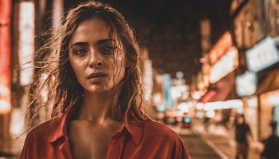 1girl,solo,long hair,looking at viewer,brown hair,shirt,brown eyes,collarbone,upper body,outdoors,open clothes,collared shirt,dark skin,blurry,black eyes,dark-skinned female,lips,open shirt,depth of field,blurry background,messy hair,red shirt,realistic,nose,closed mouth,night,portrait,backlighting,car,road,street,city lights