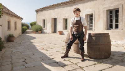 solo,looking at viewer,short hair,brown hair,shirt,1boy,brown eyes,standing,full body,white shirt,male focus,boots,outdoors,sky,day,belt,pants,vest,window,shadow,brown footwear,black pants,plant,building,potted plant,leather,house,town,barrel,smile,open mouth,collared shirt,facial hair,door,chimney