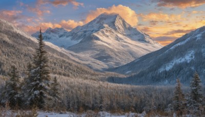 outdoors,sky,day,cloud,tree,blue sky,no humans,cloudy sky,nature,scenery,snow,forest,sunset,mountain,winter,bare tree,landscape,mountainous horizon,gradient sky,pine tree,orange sky