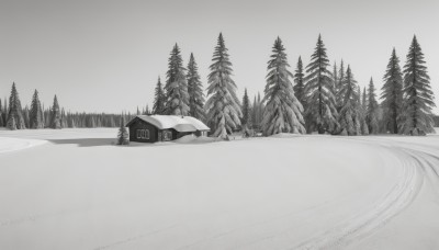 monochrome,greyscale,outdoors,sky,tree,no humans,ground vehicle,nature,scenery,motor vehicle,snow,forest,mountain,car,road,house,winter,bare tree,landscape,pine tree,watermark