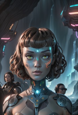 1girl,breasts,looking at viewer,short hair,blue eyes,multiple girls,brown hair,2girls,green eyes,yellow eyes,upper body,parted lips,multiple boys,solo focus,dark skin,2boys,armor,lips,bodysuit,tattoo,makeup,glowing,facial hair,wavy hair,facial mark,sunglasses,robot,science fiction,curly hair,nose,android,bald,cyborg,neon trim,cyberpunk,hologram,black hair,1boy,goggles,realistic,facepaint,facial tattoo