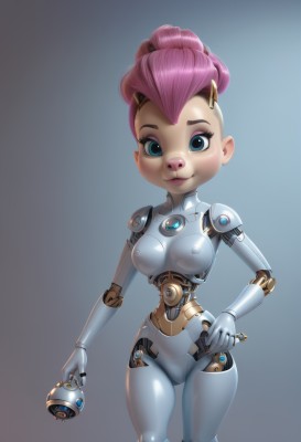 1girl,solo,breasts,looking at viewer,smile,short hair,blue eyes,simple background,holding,medium breasts,standing,weapon,pink hair,parted lips,shiny,grey background,lips,hand on hip,gun,bodysuit,makeup,robot,skin tight,eyeshadow,science fiction,android,joints,cyborg,robot joints,pig ears,nude,cowboy shot,small breasts,gradient,gradient background,eyelashes,nose,eyeliner,mechanical arms,doll joints,single mechanical arm,wrench,mechanical parts,humanoid robot,screw