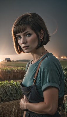 1girl,solo,breasts,looking at viewer,short hair,bangs,blue eyes,brown hair,shirt,black hair,jewelry,upper body,short sleeves,earrings,outdoors,parted lips,sky,necklace,blurry,from side,lips,looking to the side,sunlight,bob cut,blue shirt,plant,building,backlighting,freckles,sunset,hoop earrings,realistic,nose,overalls,blue overalls,closed mouth,artist name,signature,bag,eyelashes,makeup,grass,green shirt,field,wheat