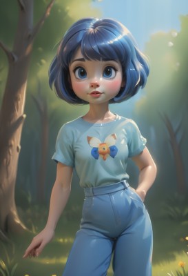 1girl,solo,looking at viewer,blush,smile,short hair,bangs,blue eyes,shirt,black hair,blue hair,standing,collarbone,flower,short sleeves,cowboy shot,outdoors,parted lips,teeth,day,shiny,pants,artist name,blurry,shiny hair,tree,lips,hand on hip,eyelashes,blurry background,sunlight,bob cut,grass,blue shirt,denim,t-shirt,child,nature,forest,arm behind back,arm at side,contrapposto,hand in pocket,jeans,yellow flower,blue pants,female child,shirt tucked in,print shirt