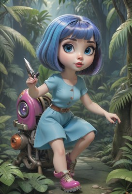 1girl,solo,looking at viewer,short hair,bangs,blue eyes,dress,holding,blue hair,full body,short sleeves,small breasts,outdoors,parted lips,shoes,teeth,day,belt,artist name,signature,blunt bangs,nail polish,tree,lips,eyelashes,makeup,blue dress,watermark,bob cut,thick eyebrows,blue shirt,robot,child,nature,buckle,forest,red lips,female child,brown belt,scissors,wrench,deviantart username,screwdriver,breasts,shirt,standing,weapon,holding weapon,fingernails,gun,leaf,sunlight,knife,plant,lipstick,sneakers,holding gun,web address,pink lips,nose,pink footwear