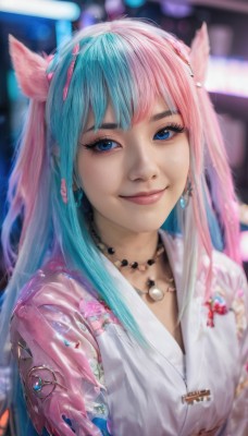 1girl,solo,long hair,looking at viewer,smile,bangs,blue eyes,hair ornament,animal ears,jewelry,closed mouth,blue hair,upper body,pink hair,multicolored hair,earrings,japanese clothes,kimono,necklace,blurry,two-tone hair,lips,eyelashes,aqua hair,makeup,depth of field,blurry background,ring,eyeshadow,beads,white kimono,realistic,nose,mascara,artist name,virtual youtuber,split-color hair