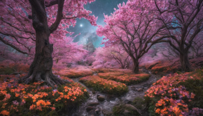 flower, outdoors, sky, tree, no humans, night, grass, cherry blossoms, star (sky), nature, night sky, scenery, starry sky, rock, river