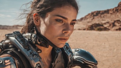 1girl,solo,brown hair,brown eyes,closed mouth,upper body,outdoors,sky,day,dark skin,medium hair,armor,blurry,dark-skinned female,blue sky,lips,depth of field,blurry background,shoulder armor,portrait,science fiction,pauldrons,realistic,nose,cyborg,power armor,desert,long hair,black hair,wind,close-up,sand,dirty