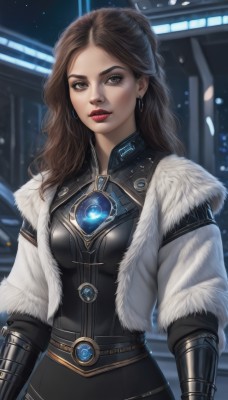 1girl,solo,long hair,breasts,looking at viewer,brown hair,brown eyes,jewelry,medium breasts,upper body,earrings,belt,armor,blurry,lips,coat,fur trim,makeup,blurry background,wavy hair,lipstick,gem,science fiction,white coat,red lips,dress,artist name,forehead,eyeshadow,realistic,nose