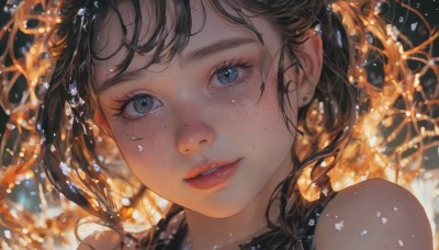 1girl,solo,long hair,looking at viewer,bangs,blue eyes,brown hair,black hair,bare shoulders,jewelry,earrings,parted lips,hand up,water,mole,black eyes,lips,grey eyes,eyelashes,portrait,close-up,freckles,smile,teeth,blurry,blurry background,realistic