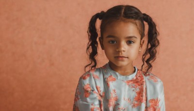 1girl,solo,long hair,looking at viewer,simple background,brown hair,shirt,twintails,brown eyes,closed mouth,white shirt,upper body,black eyes,lips,floral print,child,realistic,female child,black hair,dark skin,curly hair