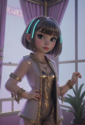 1girl,solo,breasts,looking at viewer,blush,short hair,bangs,blue eyes,brown hair,black hair,jewelry,closed mouth,standing,cowboy shot,hairband,earrings,small breasts,open clothes,artist name,indoors,blunt bangs,necklace,nail polish,blurry,black eyes,bracelet,leotard,dark-skinned female,lips,see-through,hand on hip,eyelashes,window,makeup,blurry background,watermark,bob cut,plant,curtains,pink nails,armlet,backlighting,pink lips,nose,red lips,potted plant,dress,cleavage,sleeveless,fingernails