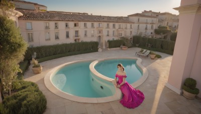 1girl,solo,long hair,breasts,looking at viewer,smile,large breasts,brown hair,black hair,dress,cleavage,bare shoulders,standing,outdoors,day,water,off shoulder,tree,window,strapless,shadow,plant,building,pink dress,scenery,purple dress,off-shoulder dress,long dress,potted plant,bush,house,wide shot,fountain,gloves,ponytail,sky,elbow gloves,strapless dress,river