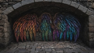 outdoors,wings,no humans,traditional media,scenery,fantasy,wall,brick wall,pillar,stained glass,arch,stone floor,stone wall,brick,brick floor,shadow,feathers,feathered wings,road,colorful,multicolored wings,pavement