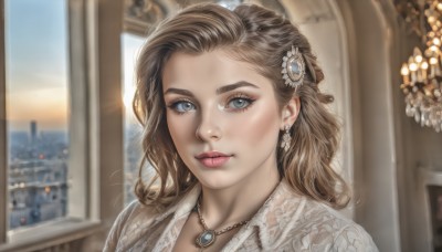 1girl,solo,long hair,looking at viewer,blue eyes,brown hair,shirt,hair ornament,jewelry,white shirt,earrings,indoors,necklace,blurry,lips,grey eyes,eyelashes,window,makeup,depth of field,blurry background,portrait,curly hair,realistic,nose,parted lips,gem