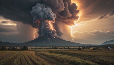 outdoors,sky,cloud,tree,no humans,glowing,sunlight,cloudy sky,grass,nature,scenery,smoke,sunset,mountain,sun,electricity,giant,field,lightning,landscape,solo,glowing eyes,monster,kaijuu