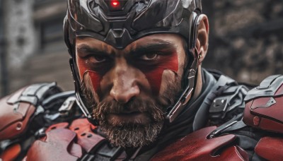 solo,looking at viewer,brown hair,1boy,brown eyes,closed mouth,male focus,dark skin,armor,blurry,blurry background,facial hair,facial mark,dark-skinned male,helmet,portrait,beard,smoke,science fiction,realistic,mustache,goatee,manly,animification,cyborg,black hair,red eyes,upper body,black eyes,black headwear,scar,close-up,serious,very short hair,power armor,earpiece