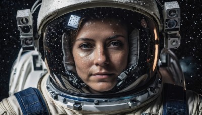 solo,looking at viewer,brown hair,black hair,1boy,brown eyes,male focus,signature,blurry,black eyes,lips,helmet,portrait,star (sky),reflection,science fiction,realistic,space,spacesuit,astronaut,closed mouth,starry sky,serious,planet,earth (planet),spacecraft,space helmet